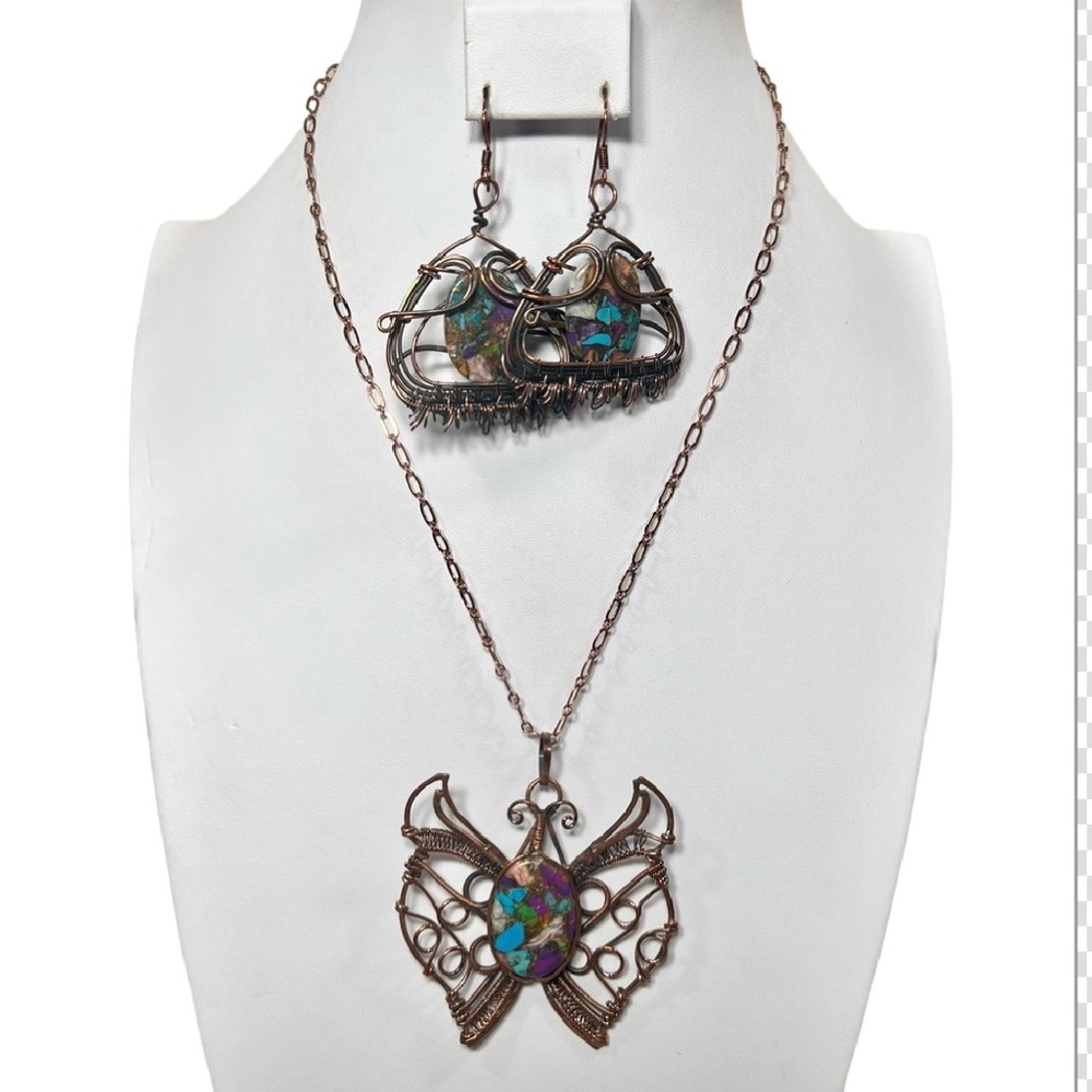 Copper Kingman Turquoise Vintage Style Butterfly Gemstone Necklace Earrings Set